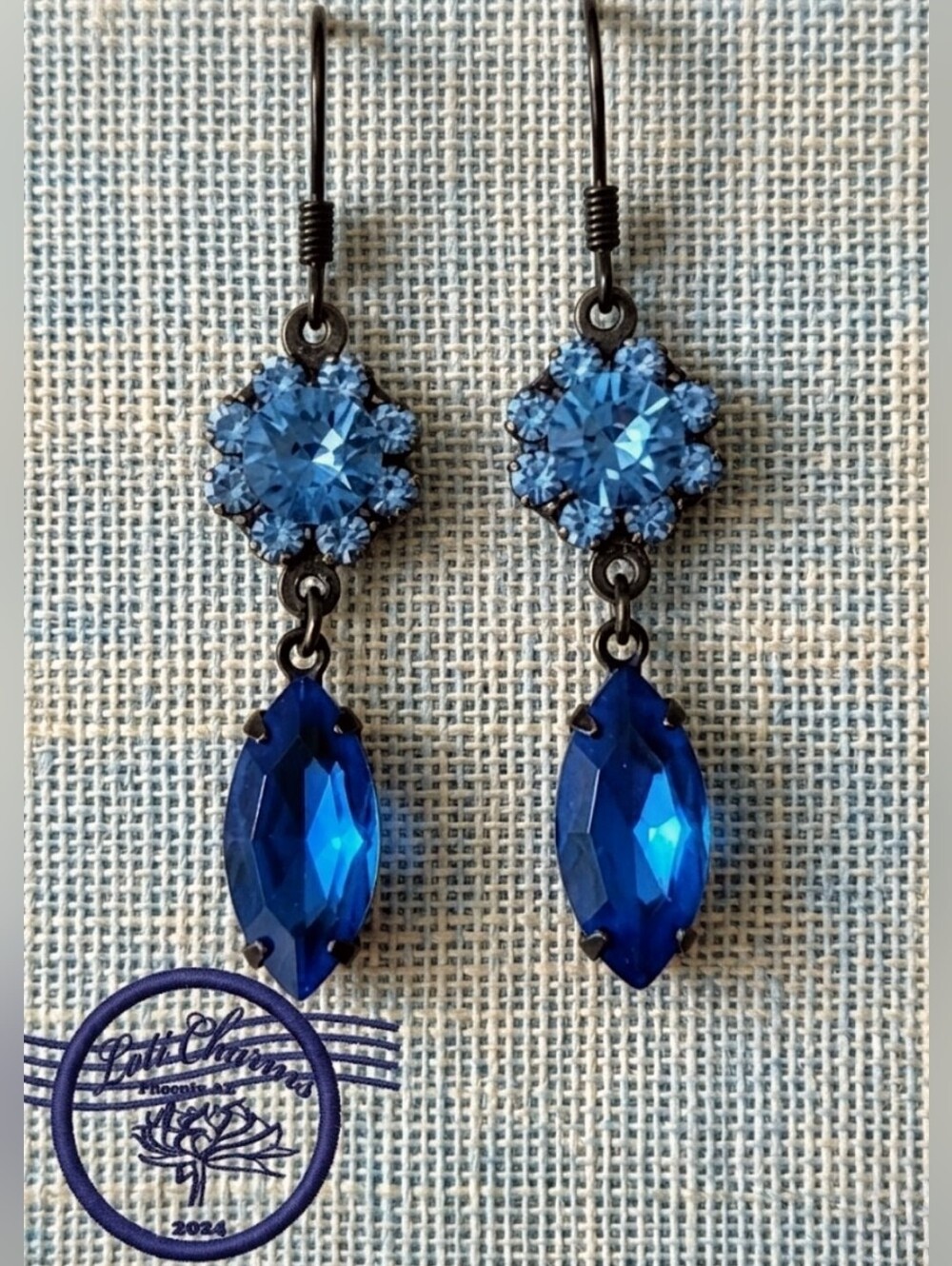 Victorian Twilight Blue Swarovski Elements Flower Crystals In Brass  Earrings